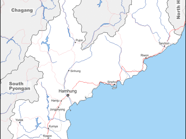 Mapa de Hamgyong del Sur con nombres y sin nombres