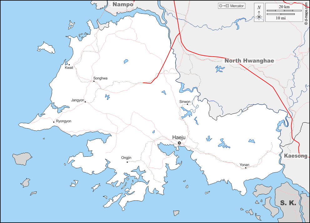 Mapa de Hwanghae del Sur con nombres y sin nombres