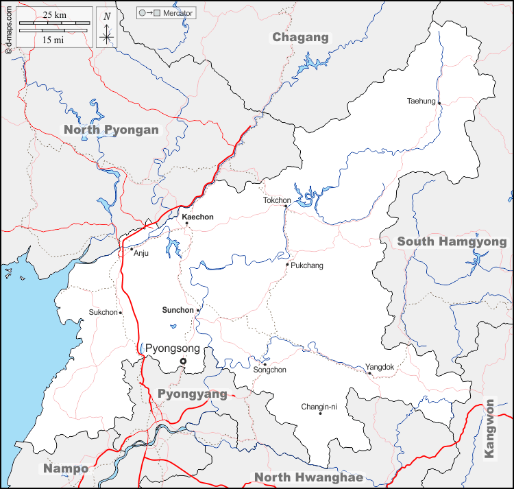 Mapa de Pyongan del Sur con nombres y sin nombres