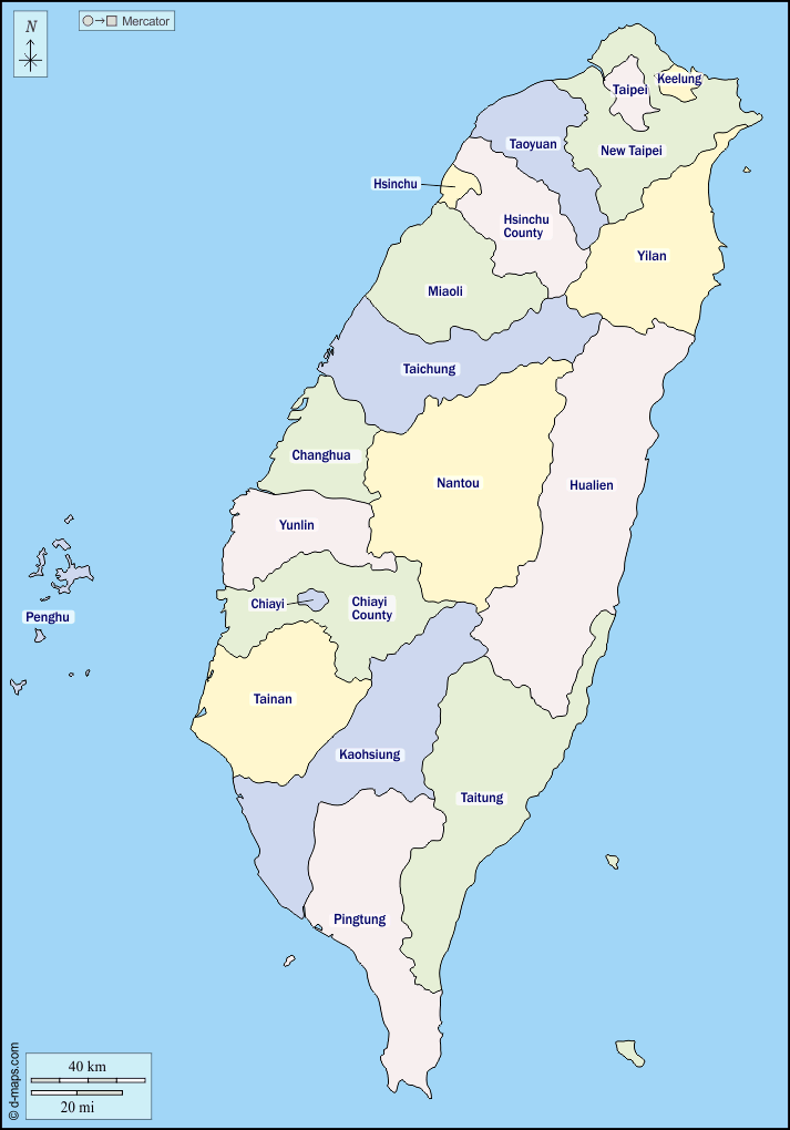 Mapa de Taiwán (China) con nombres y sin nombres