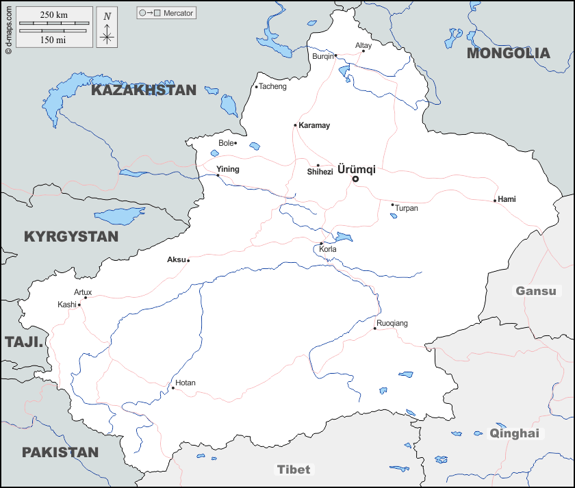Mapa de Xinjiang con nombres y sin nombres