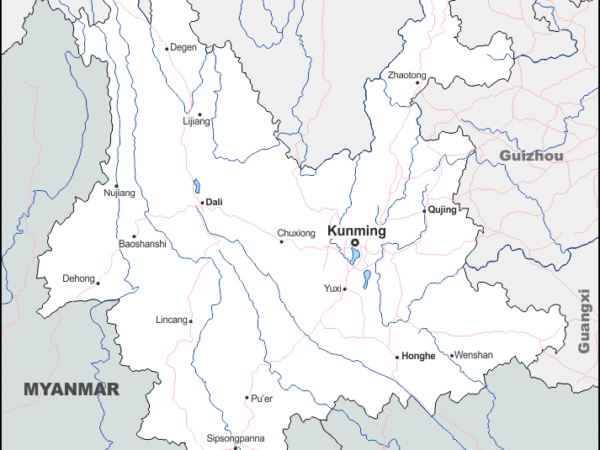 Mapa de Yunnan (China) con nombres y sin nombres