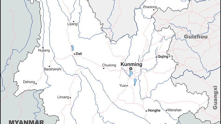 Mapa de Yunnan (China) con nombres y sin nombres