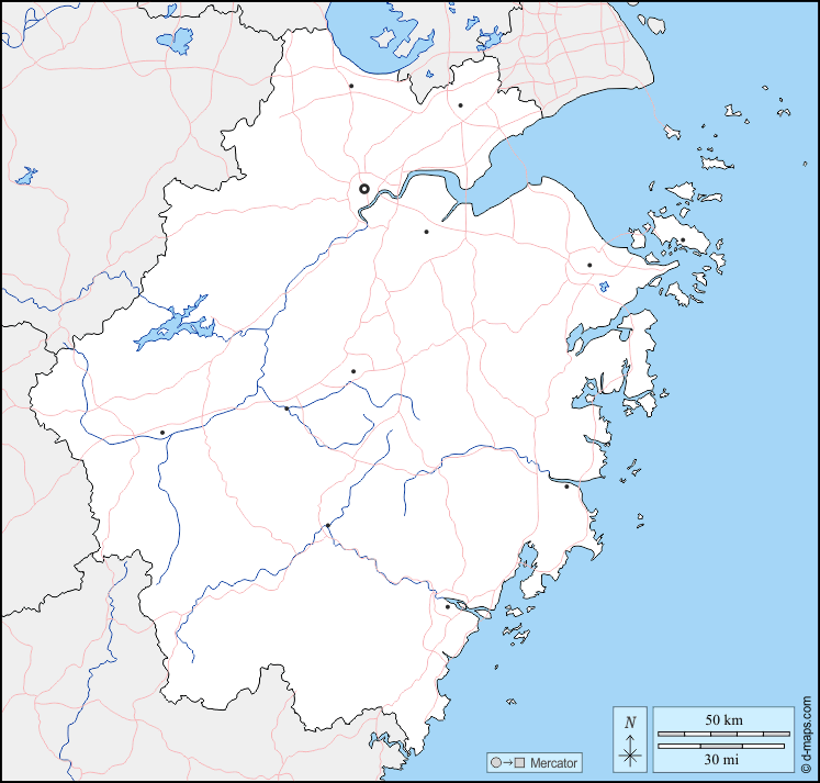 Mapa de Zhejiang (China) con nombres y sin nombres