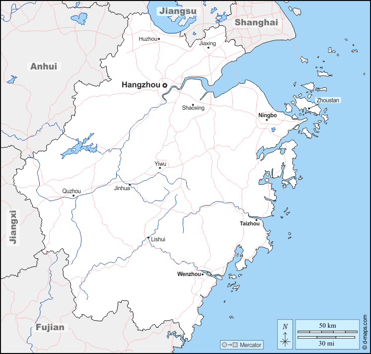 Mapa de Zhejiang (China) con nombres y sin nombres